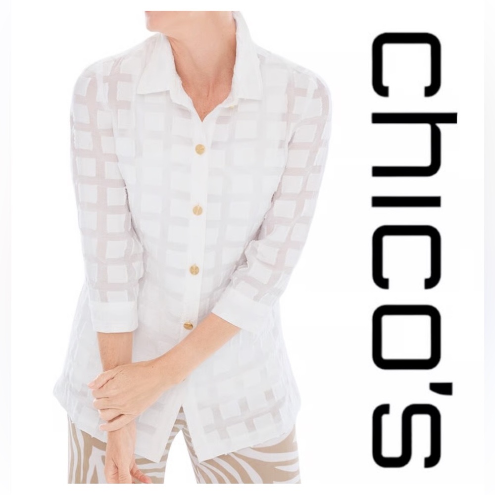CHICOS White Grid-Texture Geometric Button-Down S… - image 1